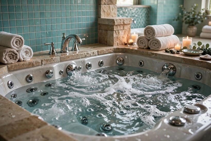 hot tub: open wet-room zone with a soaking tub and a simple glass screen