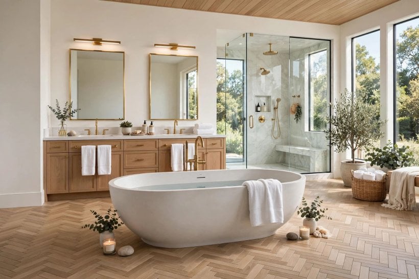 hot tub: calm coloured walls and simple tiles around a deep tub