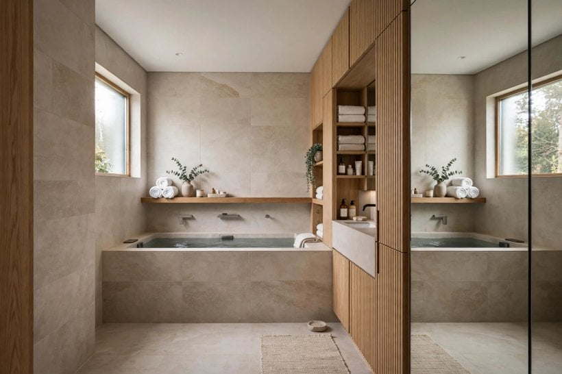 hot tub: deep soaking tub shape chosen for shoulder-deep comfort