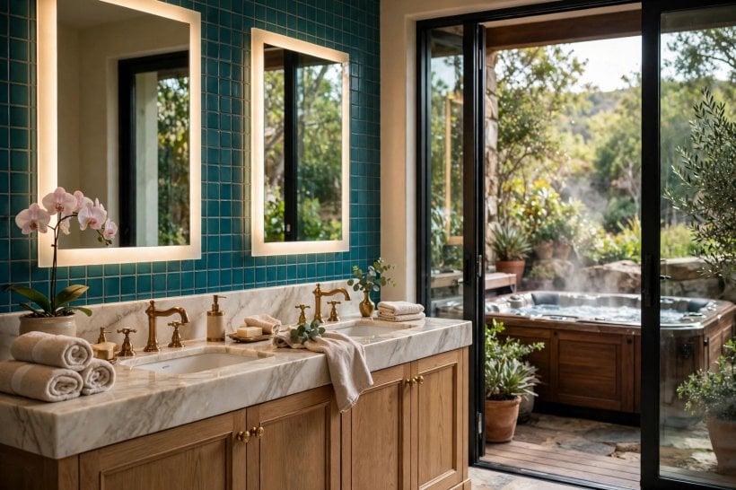 hot tub: ensuite soaking tub placed for a calm connection to the bedroom