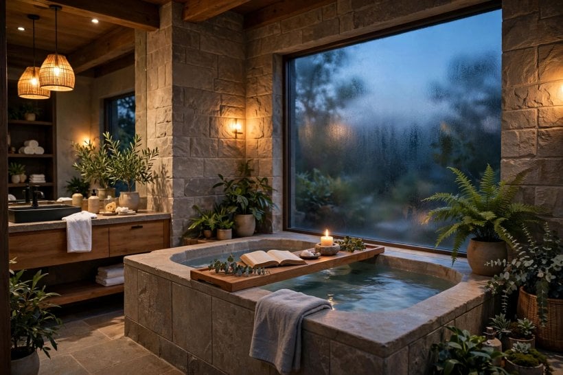 hot tub: recessed niche and ledge storage keeping bottles within easy reach