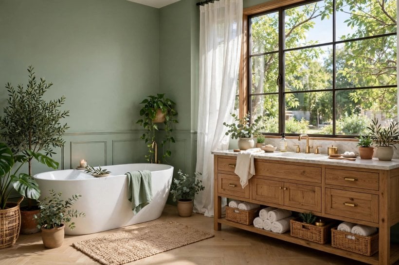 painted bathroom pictures: pale painted walls in a bright bathroom with a large window