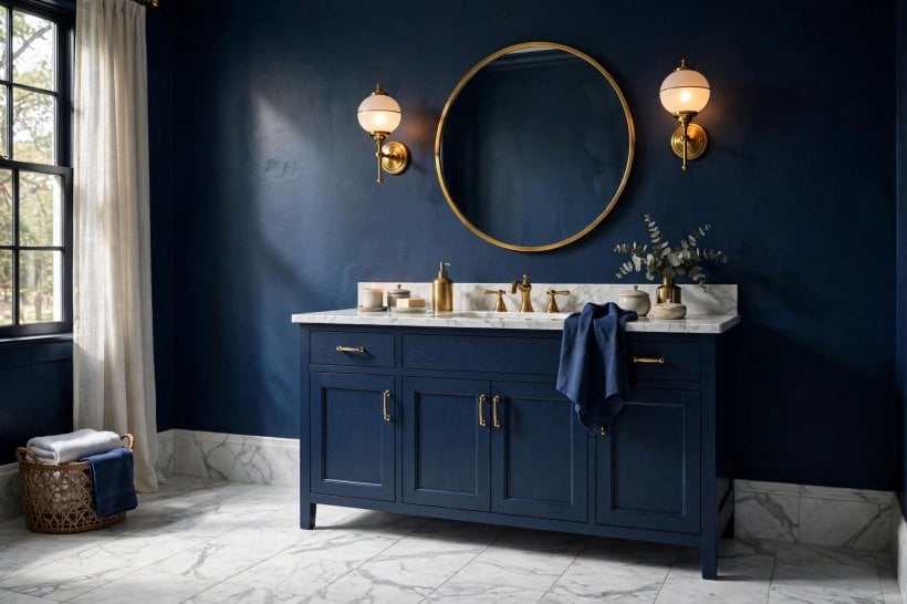 painted bathroom pictures: soft blue painted walls above white tiles with a timber vanity