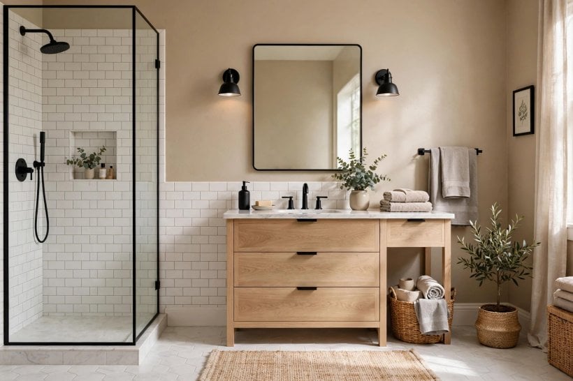 painted bathroom pictures: warm blush painted wall with brass fittings and a round mirror
