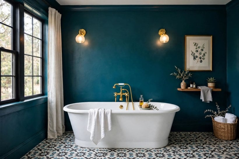 painted bathroom pictures: dark charcoal painted walls with white sanitaryware and warm lighting