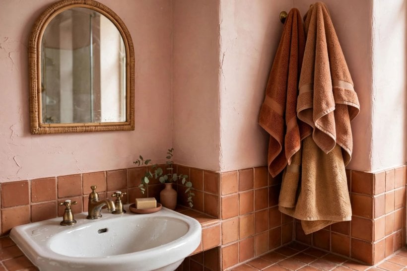 painted bathroom pictures: painted walls paired with patterned floor tiles and black fittings