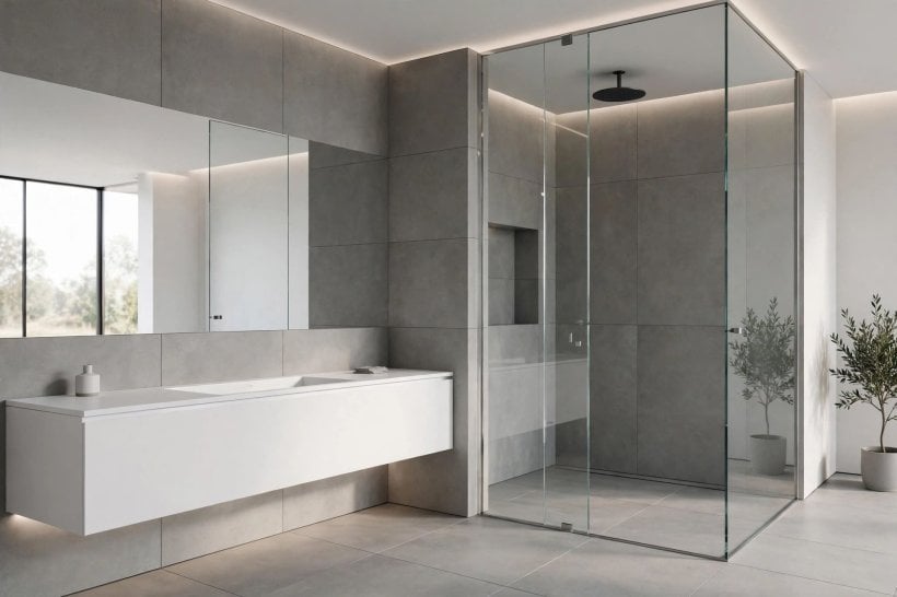 bathroom styles: a sleek modern bathroom with a walk-in shower and floating vanity