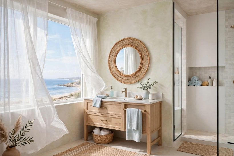bathroom styles: a farmhouse bathroom with beadboard, wood and a deep soaking tub