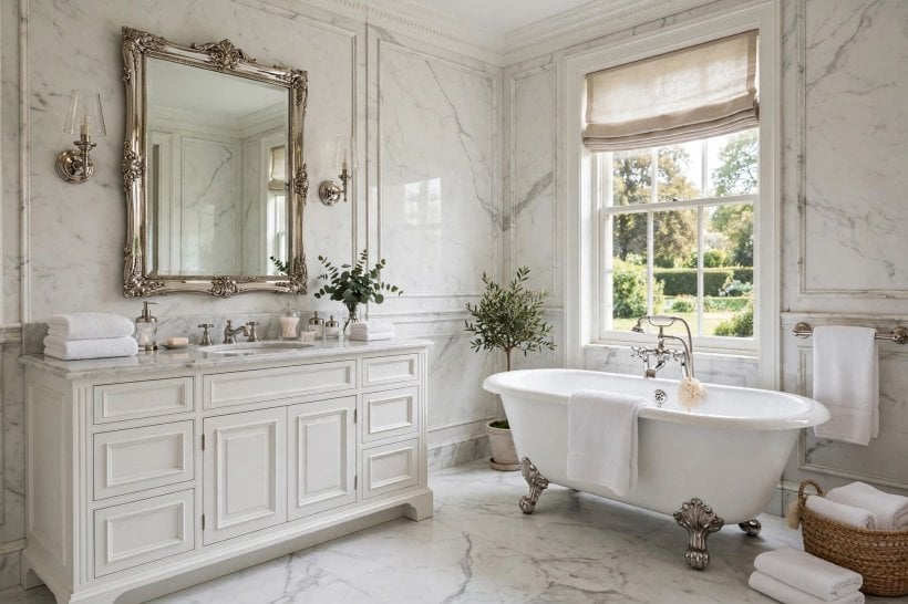 bathroom styles: an industrial bathroom with black fittings and concrete-look tiles