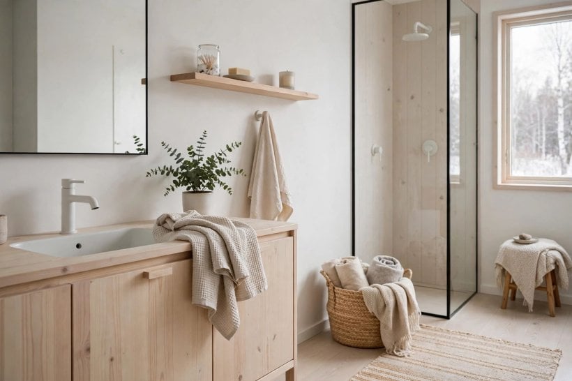bathroom styles: a Mediterranean bathroom with patterned tiles and an arched mirror