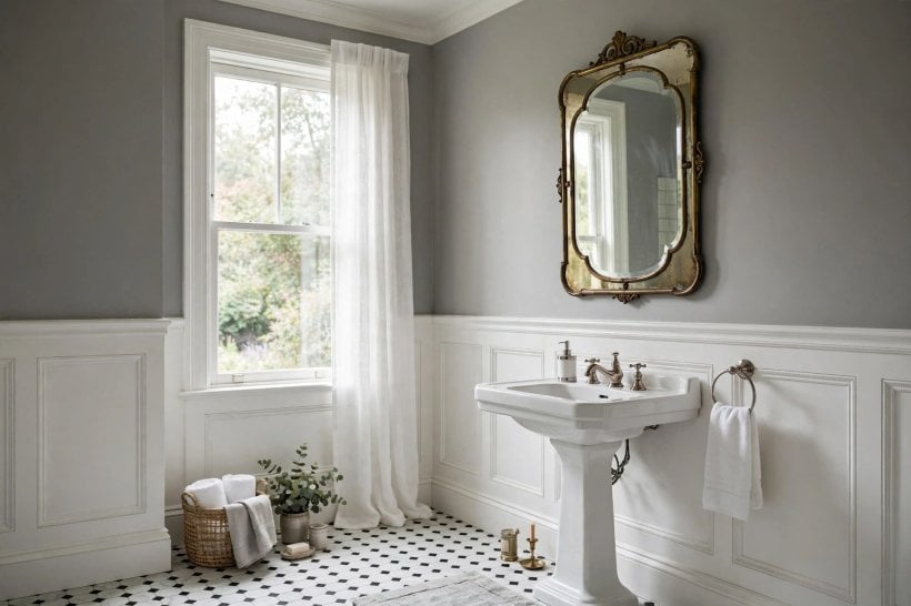 bathroom wall ideas: half-height tiles with painted upper walls and a cap rail