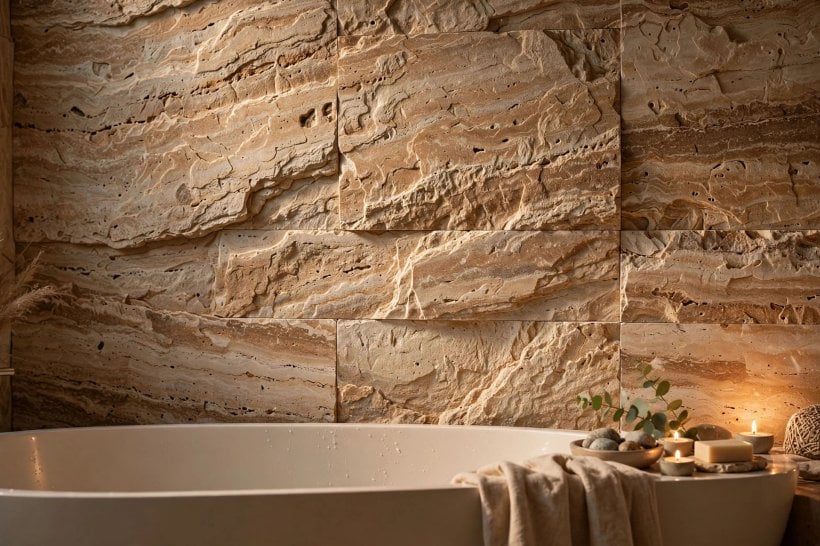 bathroom wall ideas: large seamless shower wall panels in a soft stone finish
