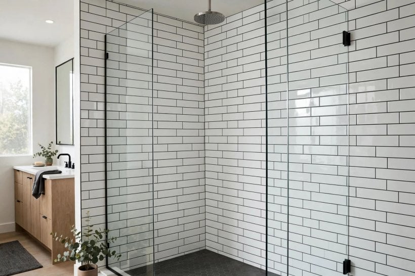 bathroom wall ideas: limewash painted walls with a patterned vinyl wallpaper behind the vanity