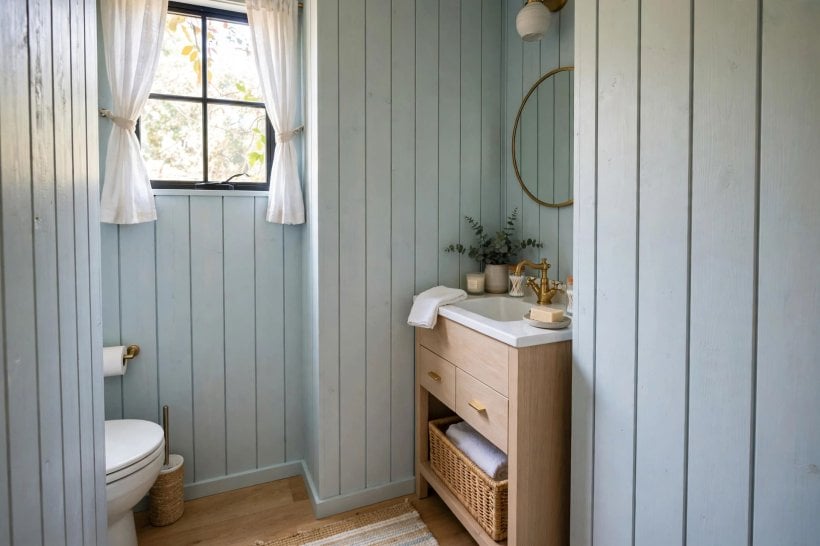 bathroom wall ideas: painted tongue-and-groove panelling with hooks and open shelves