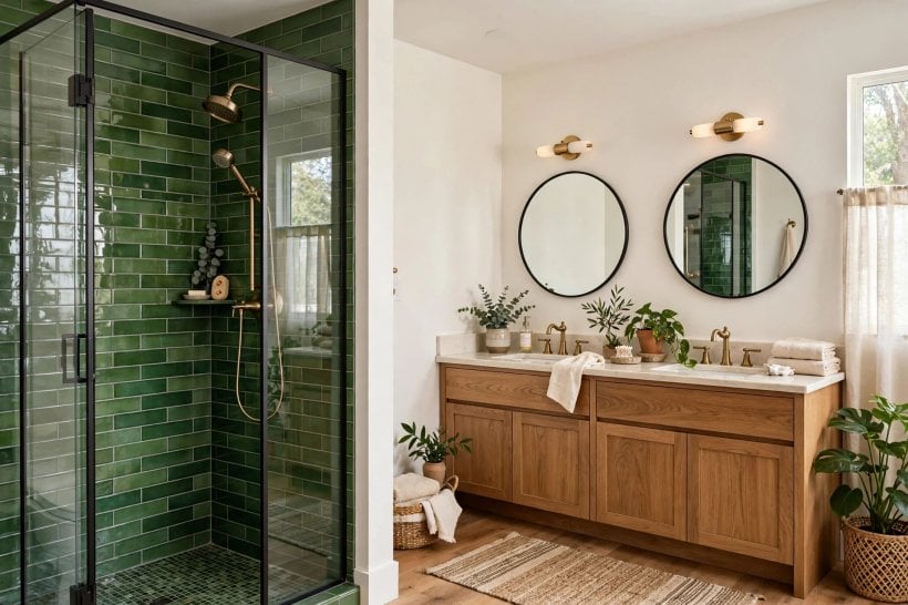 bathroom wall ideas: vanity wall with a tiled splashback and a large round mirror