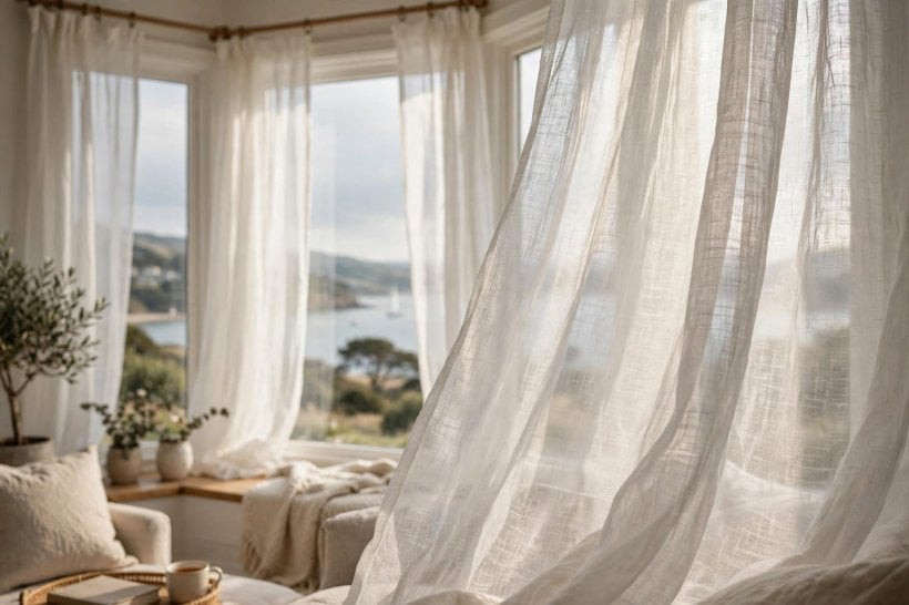 bay window treatment: layered curtains and a cushioned window seat in a bright bay