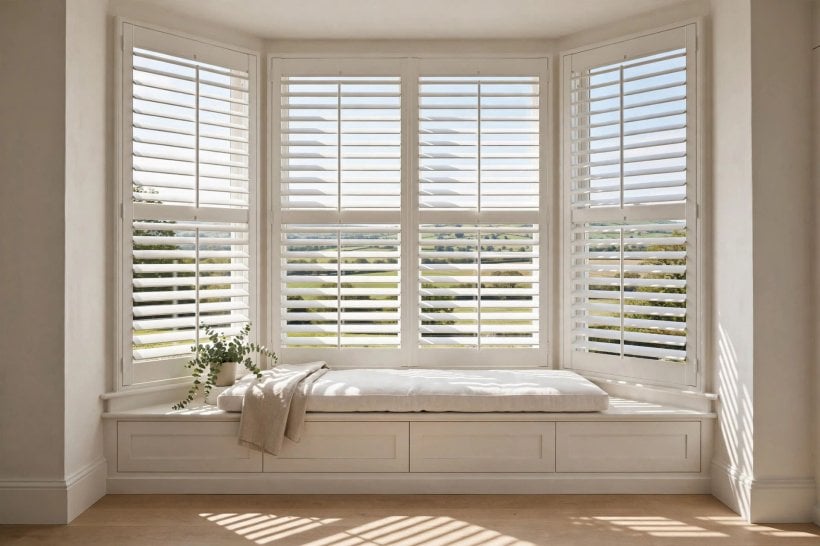 bay window treatment: white shutters fitted to each section of a bay window