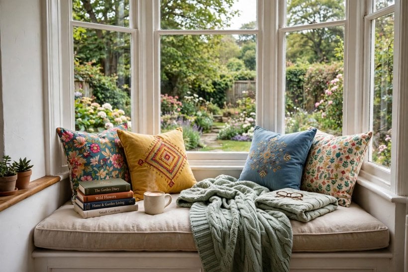 bay window treatment: a window seat with storage drawers beneath tall bay windows
