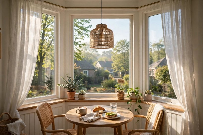 bay window treatment: roller blinds paired with sheer curtains for flexible light control
