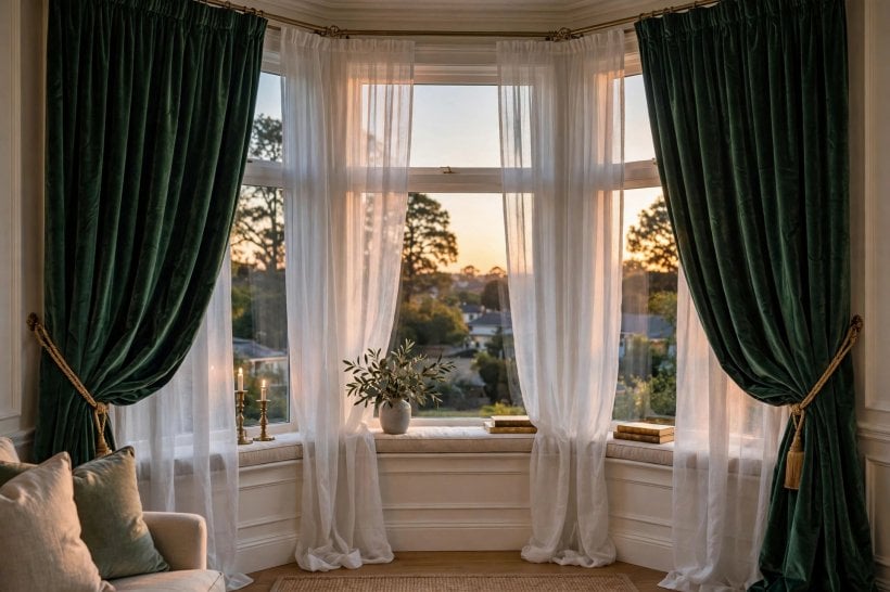 bay window treatment: freshly cleaned curtains and polished glass in a sunny bay