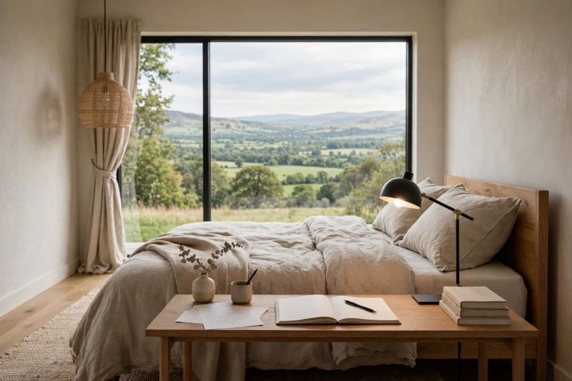 bedroom layout ideas with desk: desk set at right angles to a bright bedroom window
