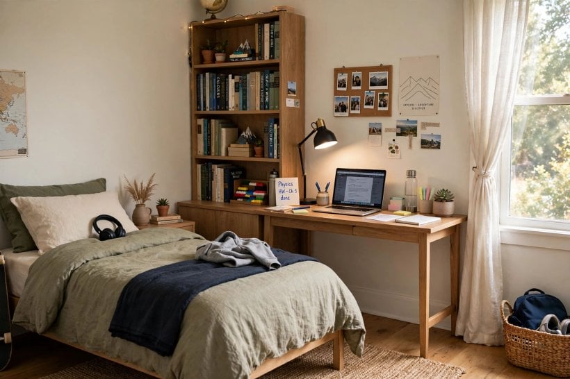 bedroom layout ideas with desk: shallow desk in an alcove opposite the foot of the bed