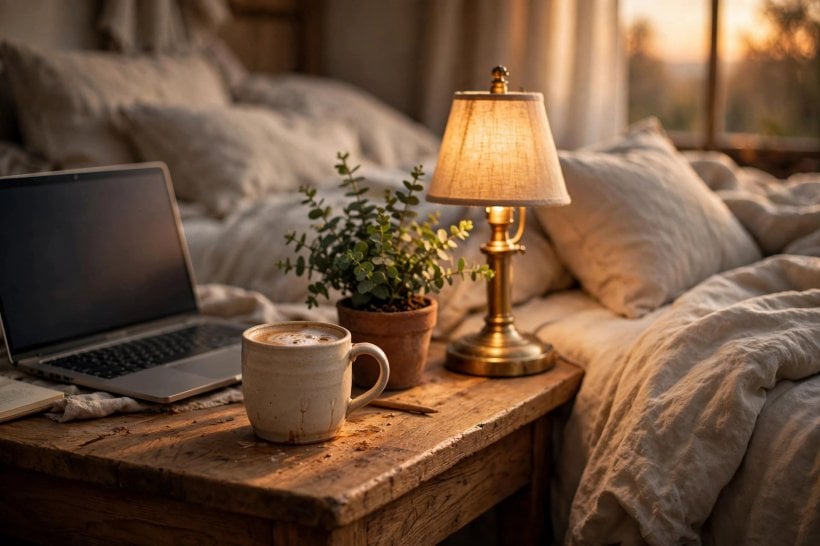bedroom layout ideas with desk: under-desk cable tray and a directed task lamp