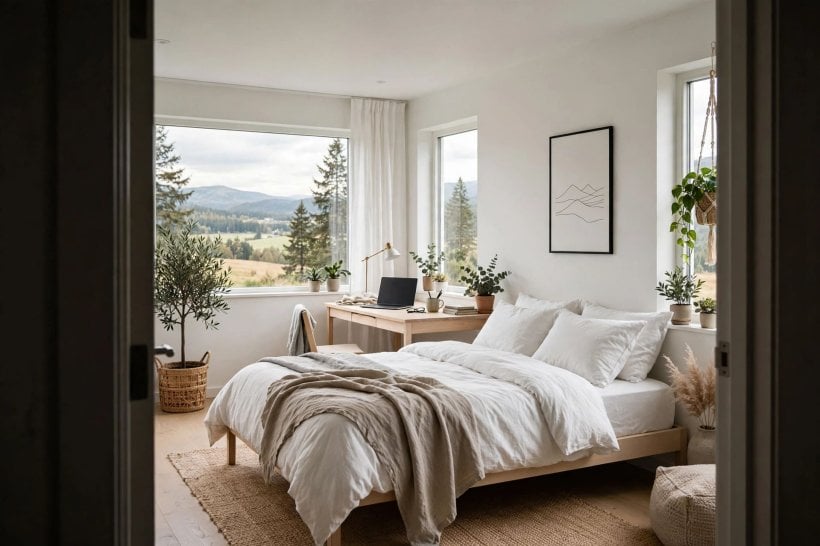 bedroom layout ideas with desk: lidded work box and drawers keeping papers out of sight