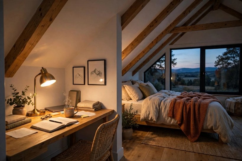 bedroom layout ideas with desk: screened desk zone in a shared studio bedroom