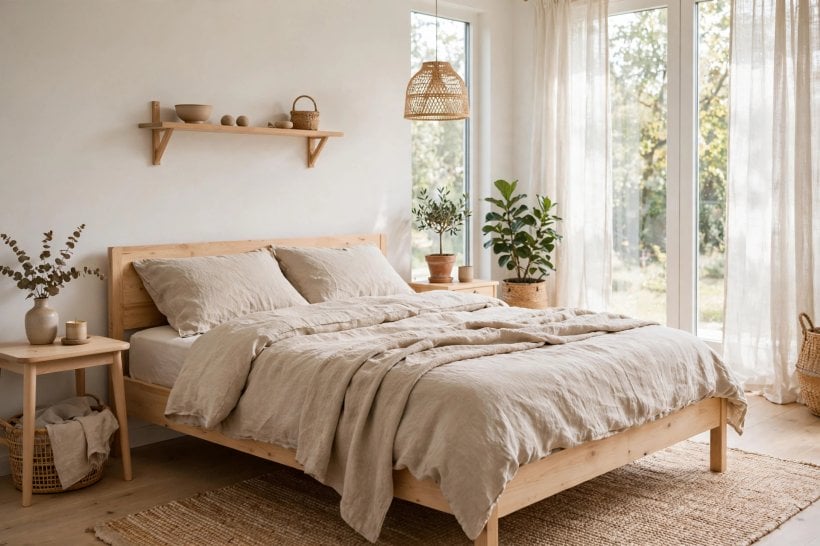 bedroom paint ideas: warm white walls with natural linen bedding