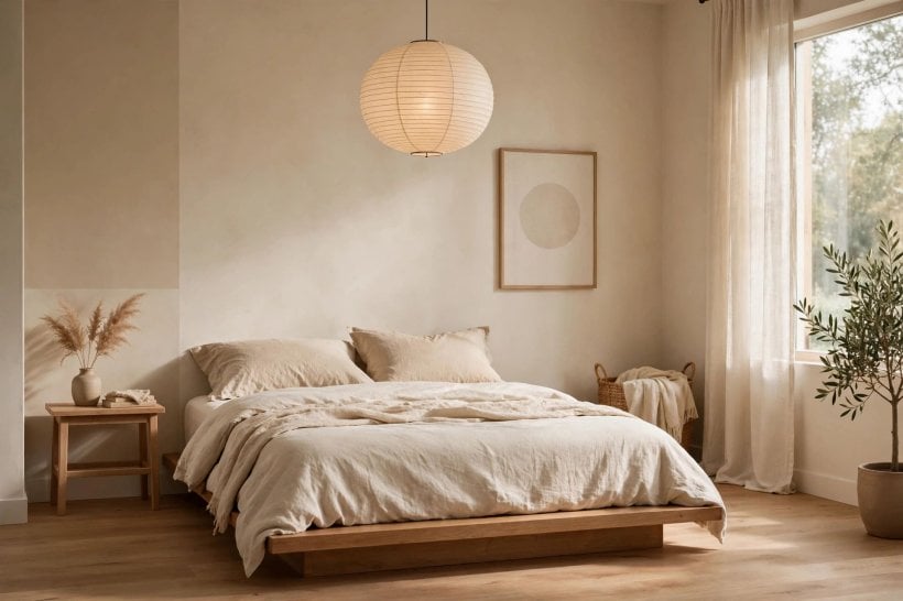 bedroom paint ideas: paint swatches beside bedding and wood samples