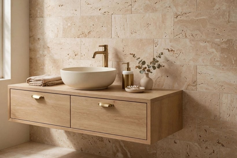 beige bathroom ideas: calm beige bathroom layout with a wall-hung vanity and walk-in shower