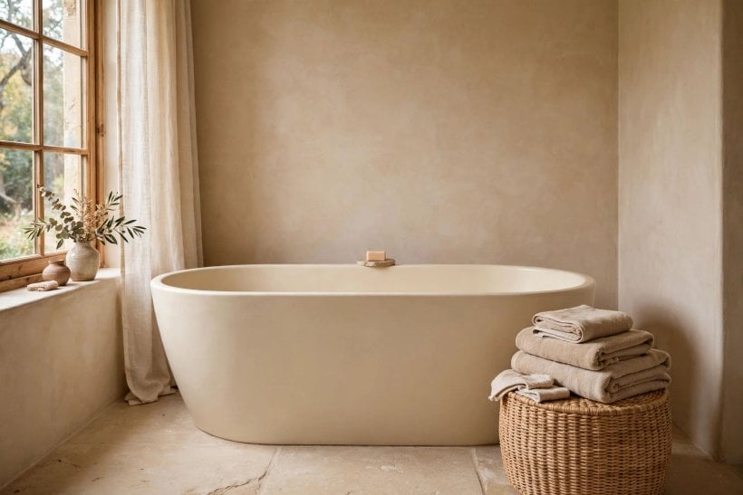 beige bathroom ideas: freestanding oval beige soaking tub by a window with folded towels