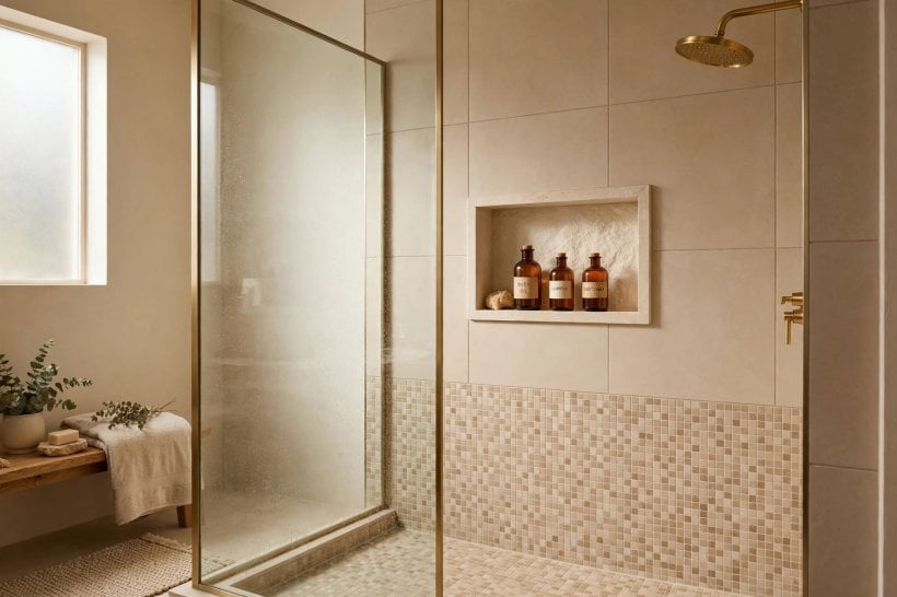 beige bathroom ideas: soft beige painted walls with warm white trim and a simple mirror