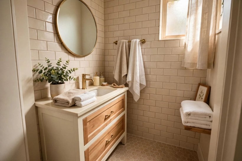 beige bathroom ideas: compact beige bathroom with a short soaking tub and slim fixtures