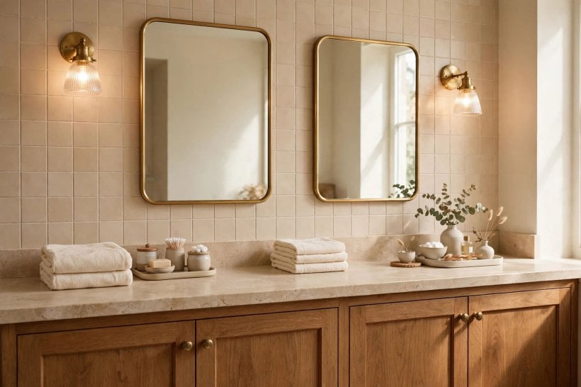 beige bathroom ideas: recessed shower niche and mirrored cabinet in warm beige tones