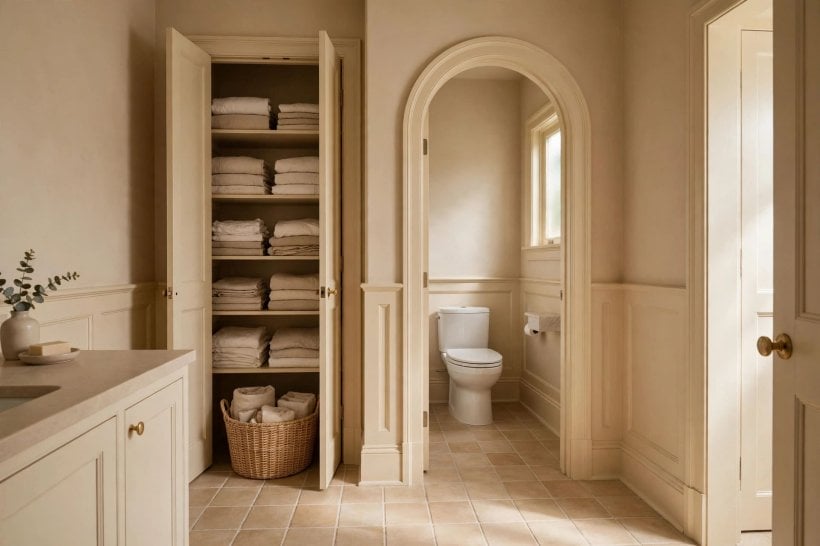 beige bathroom ideas: linen towels, a wooden bath bridge and woven baskets in a beige bathroom