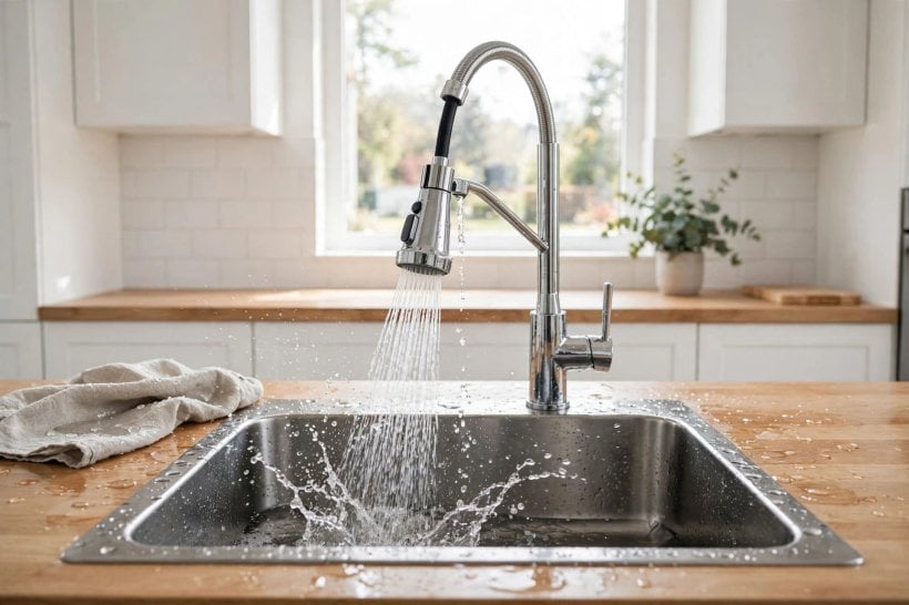 best faucet brands: single-handle kitchen faucet with a pull-down sprayer