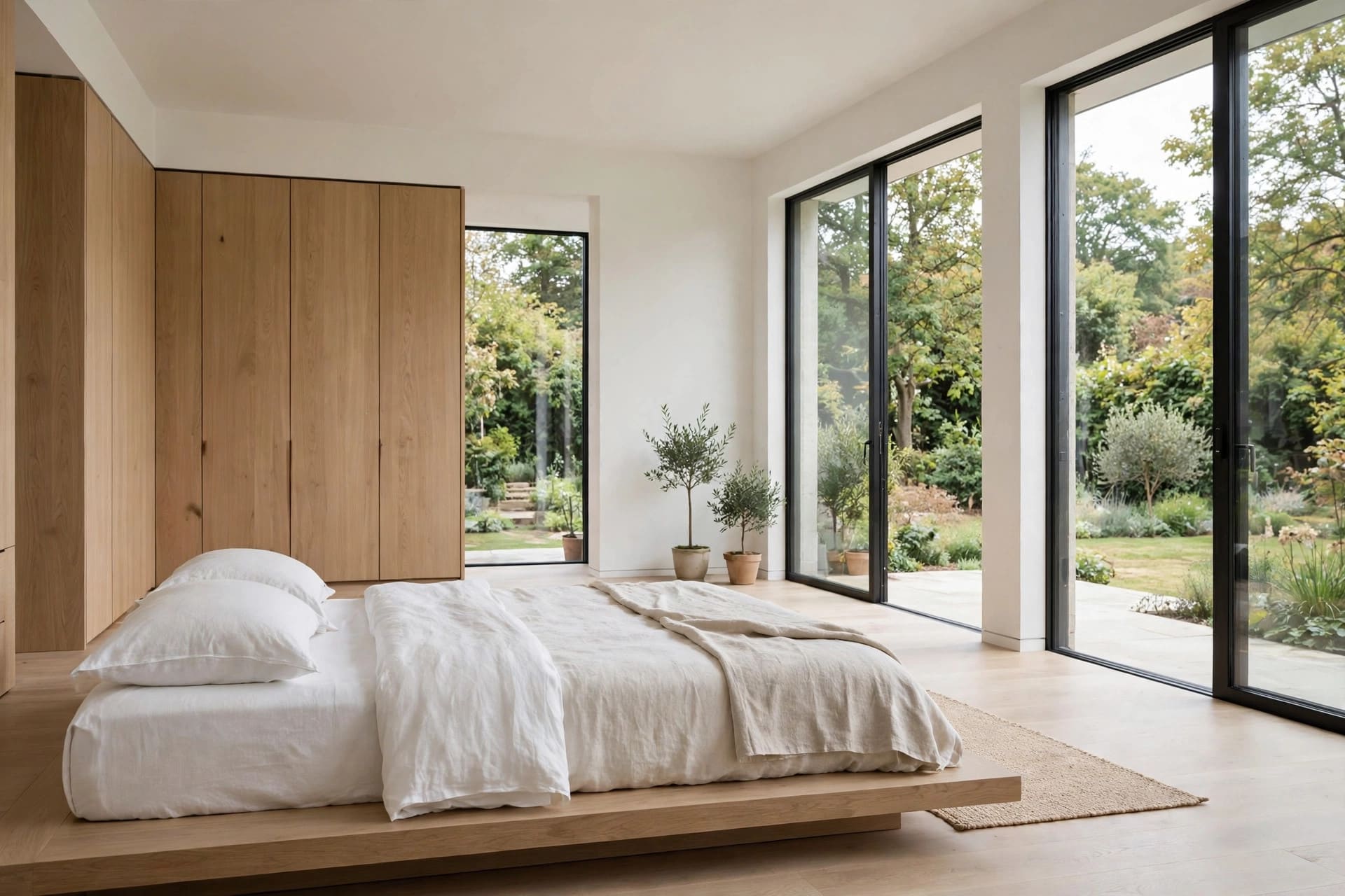 big bedrooms: deep wall colour with pale layered bedding