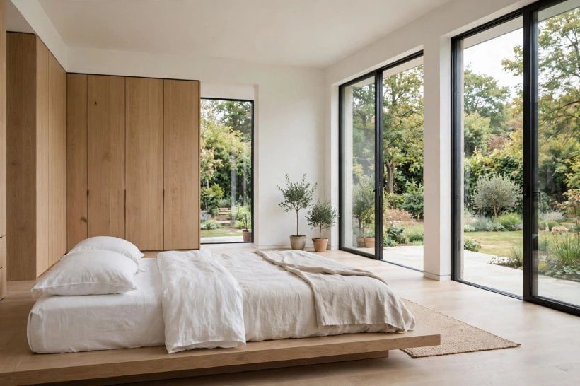 big bedrooms: deep wall colour with pale layered bedding