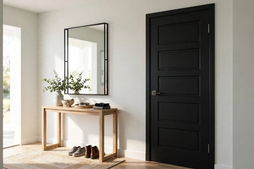 black interior doors: panelled door standing out against pale hallway walls