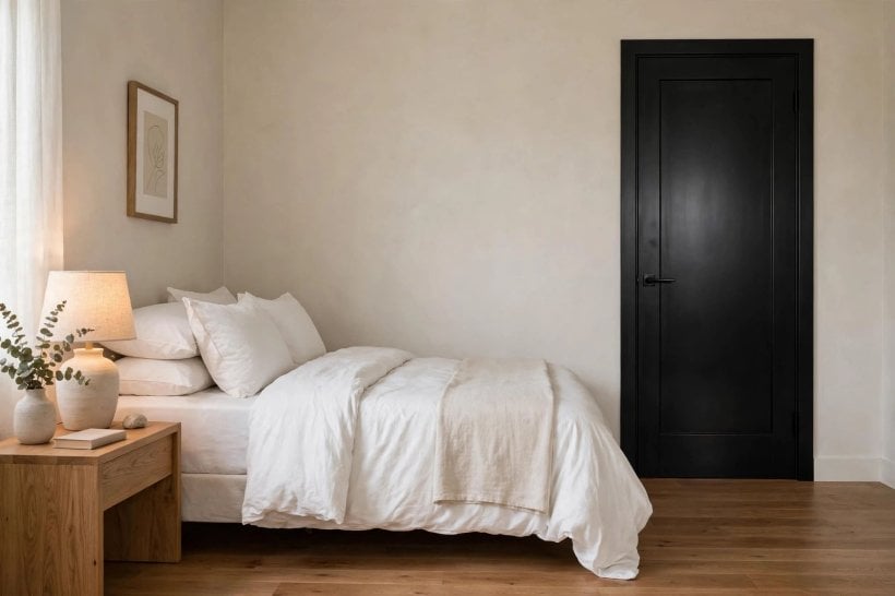 black interior doors: matching dark doors lining a short hallway