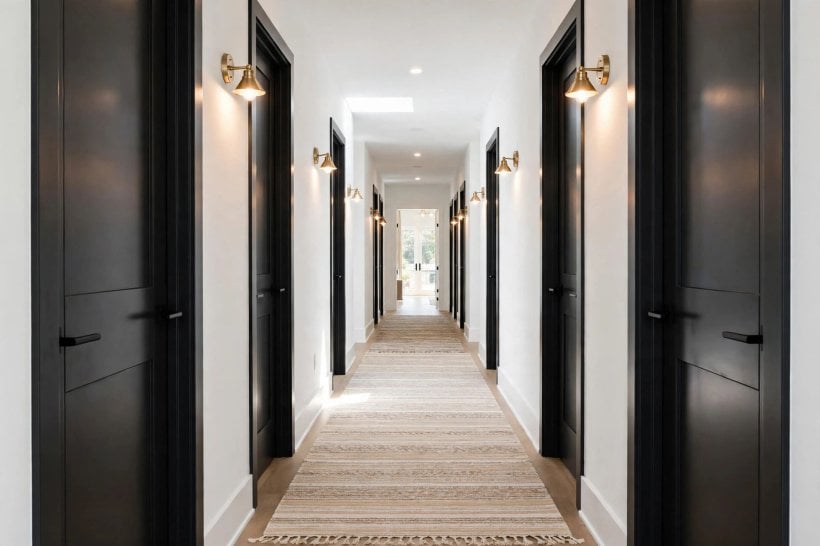 black interior doors: door with warm brass handle and simple styling