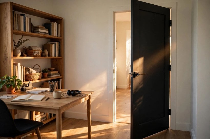 black interior doors: freshly painted door drying in a bright room