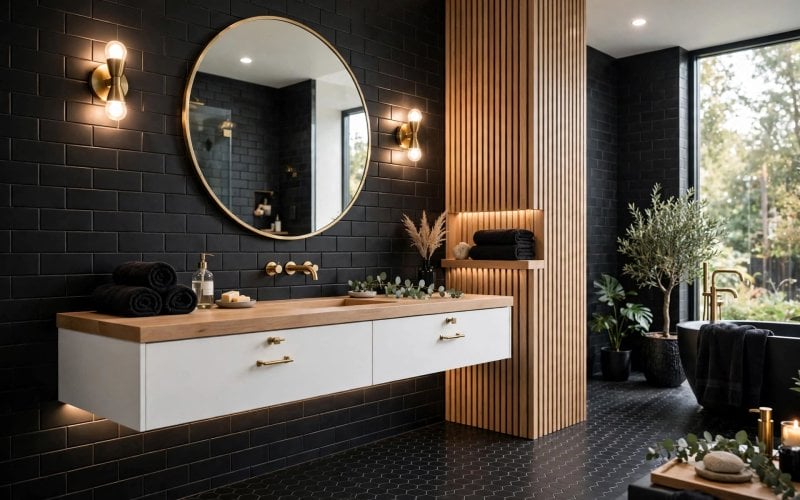 black tile bathroom