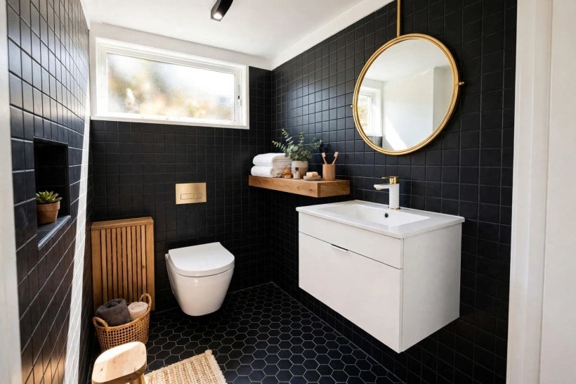 black tile bathroom: wall-hung pale vanity against dark tiles