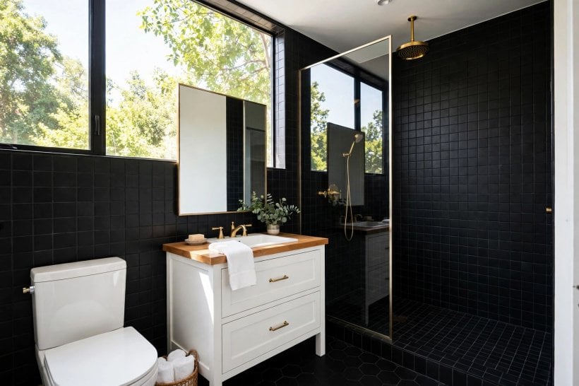black tile bathroom: wall-hung toilet and mirrored cabinet saving space