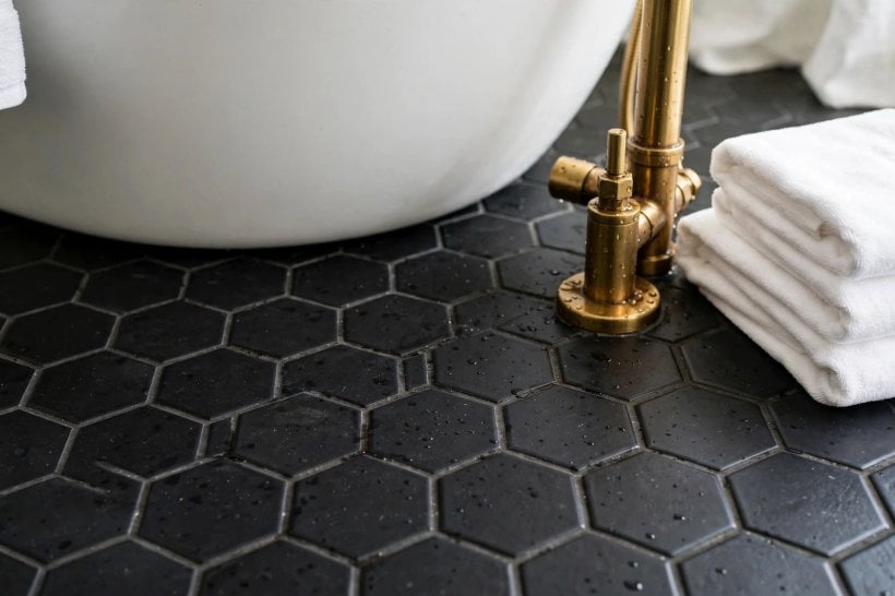 black tile bathroom: brass fittings and warm mirror lighting on dark tiles