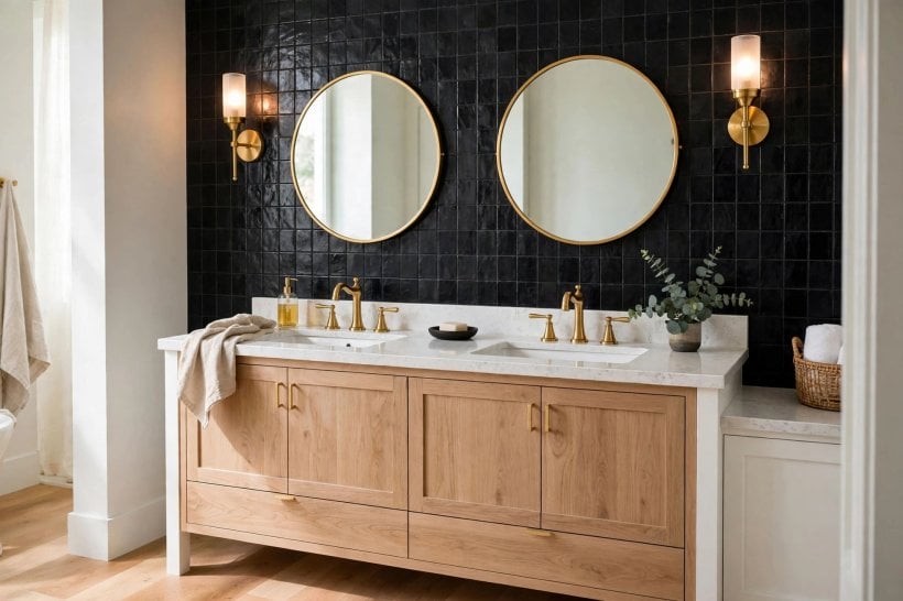 black tile bathroom: styled vanity with pale towels and a plant