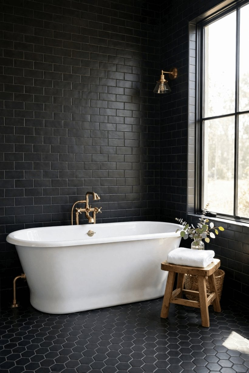 black tile bathroom
